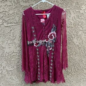 V Cristina Deep Red Lace Dress with Floral Accents